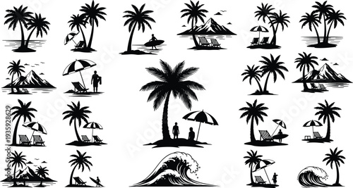Beach silhouette illustration, tropical island vector art, palm tree design, vacation graphic icon, summer leisure artwork, travel tourism collection