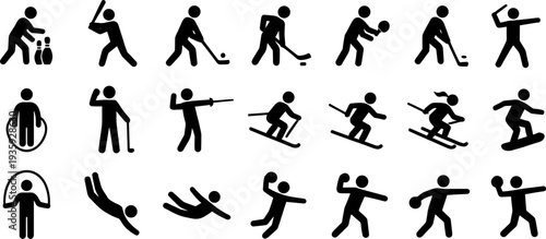 Sports silhouette icon set vector illustration featuring 19 diverse designs with athletics, fitness, and recreational activity motifs