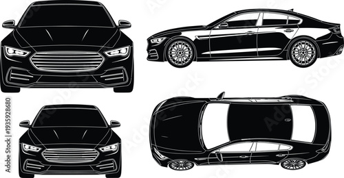 modern sedan car vector silhouette set, front side and top view automobile illustration, vehicle outline design template