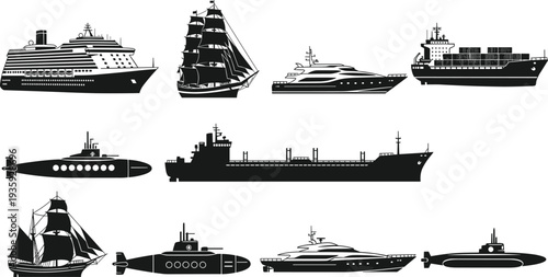 Ships and boats collection cargo ship yacht submarine sailing vessel cruise liner maritime transport silhouette vector illustration set