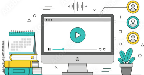 Online learning illustration, digital education tools, virtual classroom, e-learning interface, remote study setup, academic technology, student resources, video content, collaboration network