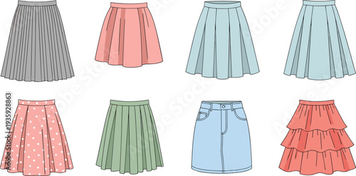 Skirt fashion illustration, pleated design, denim skirt vector, polka dot style, ruffle tiered clothing art, women apparel graphic collection