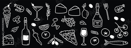 Food and Beverage Doodle Icon Set with Wine, Snacks and Desserts. Hand Drawn Culinary Symbols for Menu, Cafe and Bar Design. White Outline Illustration on Dark Background.