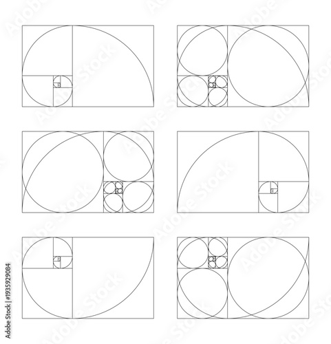 Fibonacci numbers array horizontal set of 6 elements. Golden ratio harmony proportions template. Ratio used in design.
