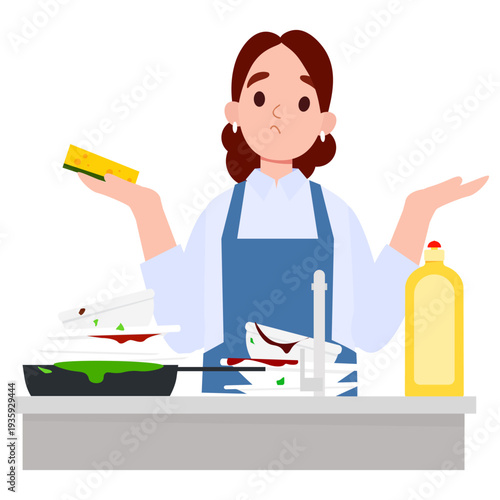 Overwhelmed Woman mother with Dirty Dishes and Sponges in Kitchen