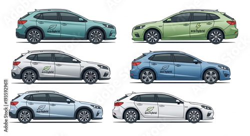 Set of six modern crossover cars in different colors.