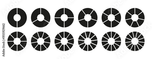 Black circle division from 2 to 13 equal parts. Infographic set. Wheel round divided diagrams from two to thirteen segments. Coaching blank.