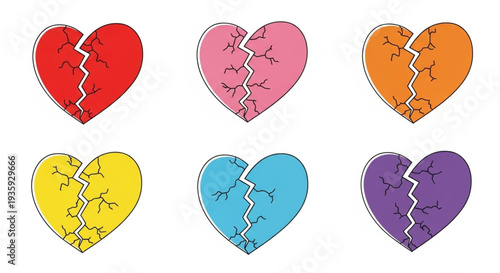 Six Colorful Broken Hearts Symbolizing Sadness and Heartbreak.