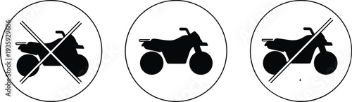 Black silhouette icons of an all terrain vehicle or quad bike with prohibition symbols isolated on white background for warning signs and design