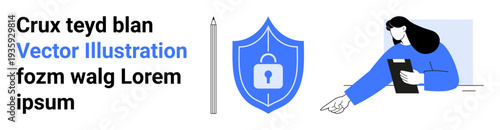 Cybersecurity, data management, digital protection, tech professionals, online communication, secure connection. A person with a tablet points towards a shield with a lock icon. Cybersecurity