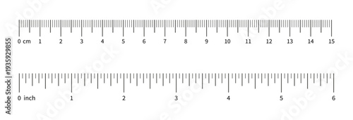 Ruler scale, measuring chart with 6 inches and 15 centimeters. Length measurement distance, height, math. Template of sewing tool. Measuring chart with 6 inch and 15 cm. 
