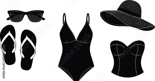 Summer beach accessories set sunglasses flip flops swimsuit corset sun hat fashion vacation essentials black silhouette vector illustration collection