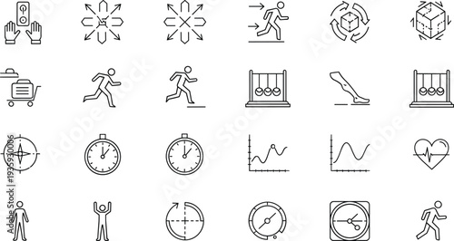 Physics icon set, motion symbols, measurement graphics, science line icons, vector education pack, black and white illustrations, technical concepts