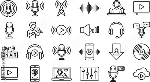 Podcast and broadcasting icon set, audio media symbols, microphone visuals, sound wave graphics, live stream tools, minimal design, communication