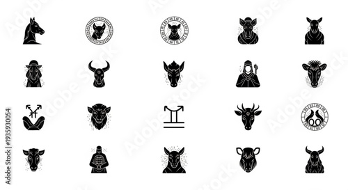 Collection of Zodiac Animal Icons and Symbols.