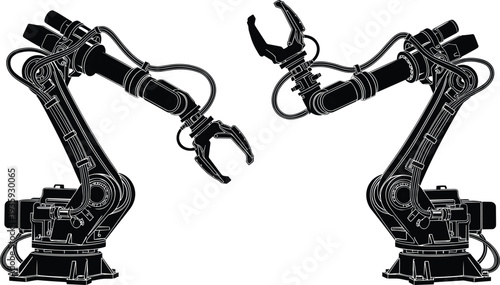 Industrial robotic arm silhouettes featuring mechanical grippers and hydraulic details isolated on a white background for automated manufacturing and high tech factory design