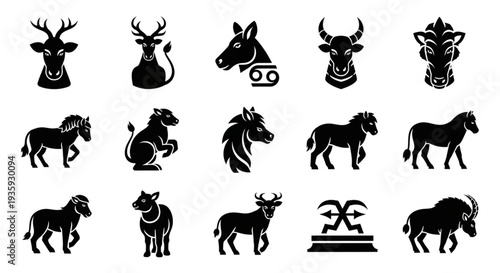 Collection of Zodiac Animal Symbols in Silhouette Style.