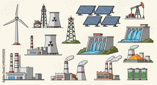Collection of various energy production facilities and infrastructure.