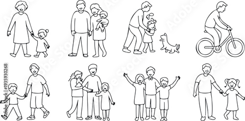 Outline vector illustrations of families on transparent background, showing various family scenes and activities