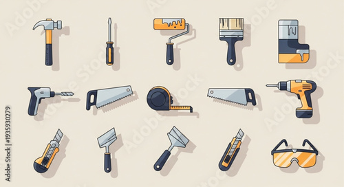 Collection of various hand tools and safety equipment.