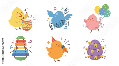 A colorful illustration of birds and Easter eggs with music notes