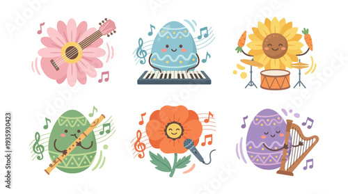 A colorful vector graphic illustration of music symbols and flowers in a flat design style