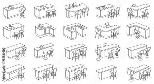 Collection of various office desk designs and layouts.