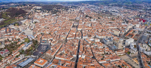  Aerial panorama view beside the old town around the city Saint-Étienne in France on a sunny spring day. 