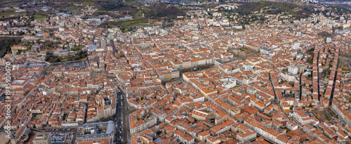  Aerial panorama view beside the old town around the city Saint-Étienne in France on a sunny spring day. 