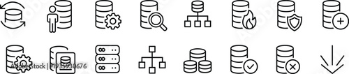 Database management line icons set, data storage server security backup analytics symbols, outline vector collection isolated on white background