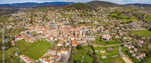  Aerial panorama view beside the old town around the city Boulieu-lès-Annonay in France on a sunny spring day. 