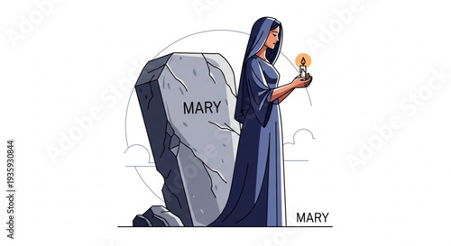 Woman in blue dress holding flower standing beside stone with name on transparent background