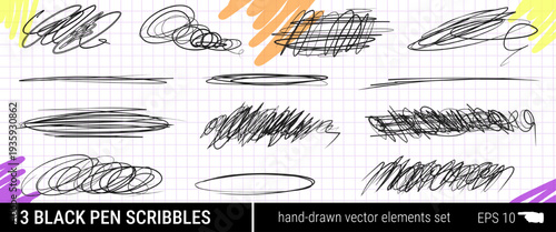 Freehand scribble marks and messy pen scratches over grid notebook paper, with a loose pencil circle detail. Abstract handmade texture for edgy stationery, collage, or design overlays.