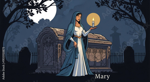 Mary standing in a cemetery at night holding a candle on transparent background