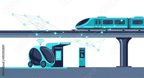 Seamless urban mobility in a smart city with futuristic autonomous pods and connected high-speed rail transit system illustration