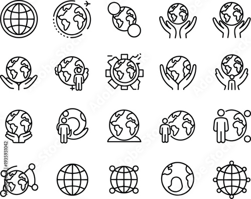 Global line icons set featuring earth globes world map travel connections environmental care hands holding planet international business and network symbols