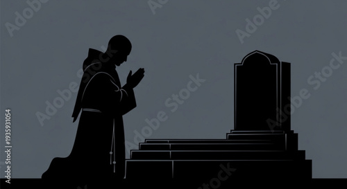 Silhouette of a monk praying beside a gravestone on transparent background