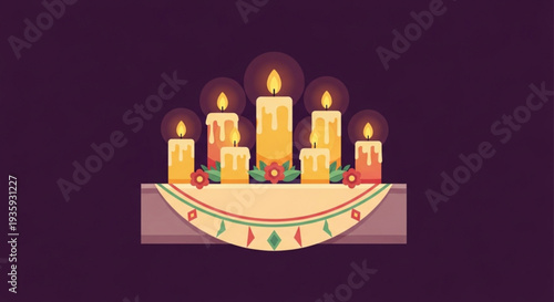Vibrant illustration of lit candles on a decorative plate with holly on transparent background