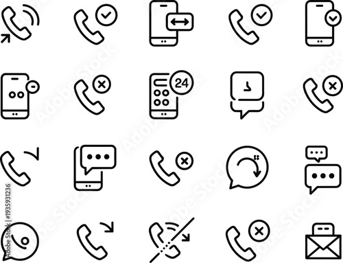 Line style communication icons set featuring incoming and outgoing calls mobile smartphone messaging customer support help desk and telemarketing contact symbols