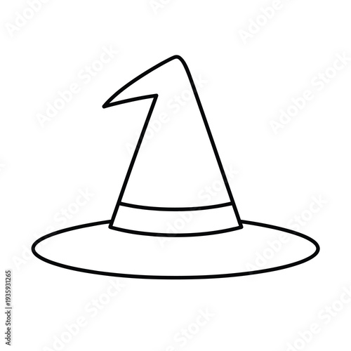 Vector line drawing of a classic witch's hat with a pointed top and wide brim