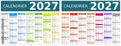 Calendrier 2027 14 mois au format 320 x 420 mm recto verso entièrement modifiable via calques et texte sans serif
