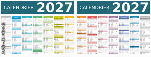 Calendrier 2027 14 mois au format 320 x 420 mm recto verso entièrement modifiable via calques et texte sans serif