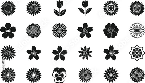 Black flower icons set vector illustration, collection of floral silhouettes isolated on white background decorative botanical design