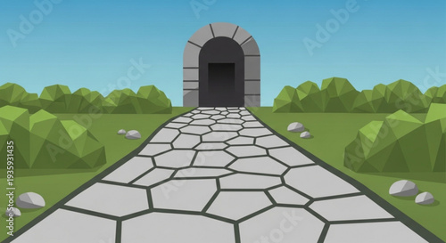 Stone pathway leading to an arched entrance on a sunny day with green grass on transparent background