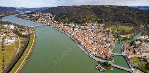 Aerial panorama view beside the old town around the city Saint-Vallier in France on a sunny spring day. 