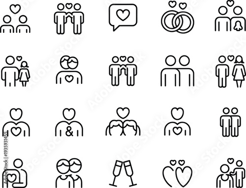 Love and relationship line icons set, couple romance wedding heart symbols, outline vector illustration isolated on white background