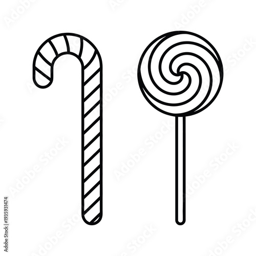 Vector featuring a striped candy cane and a swirled lollipop
