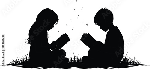 Black silhouette of a young boy and girl sitting on grass reading books with dandelion seeds floating in the air isolated white