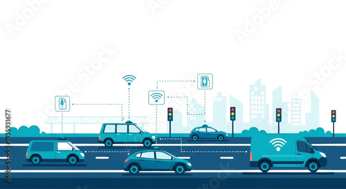 Connected vehicles communicating in a smart city environment, illustrating future transportation technology and intelligent traffic management