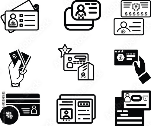 Comprehensive Identity and Secure Payment Vector Icon Set Featuring Credit Cards, Membership ID Badges, Contactless Smart Card Technology, and Digital Banking Security Elements